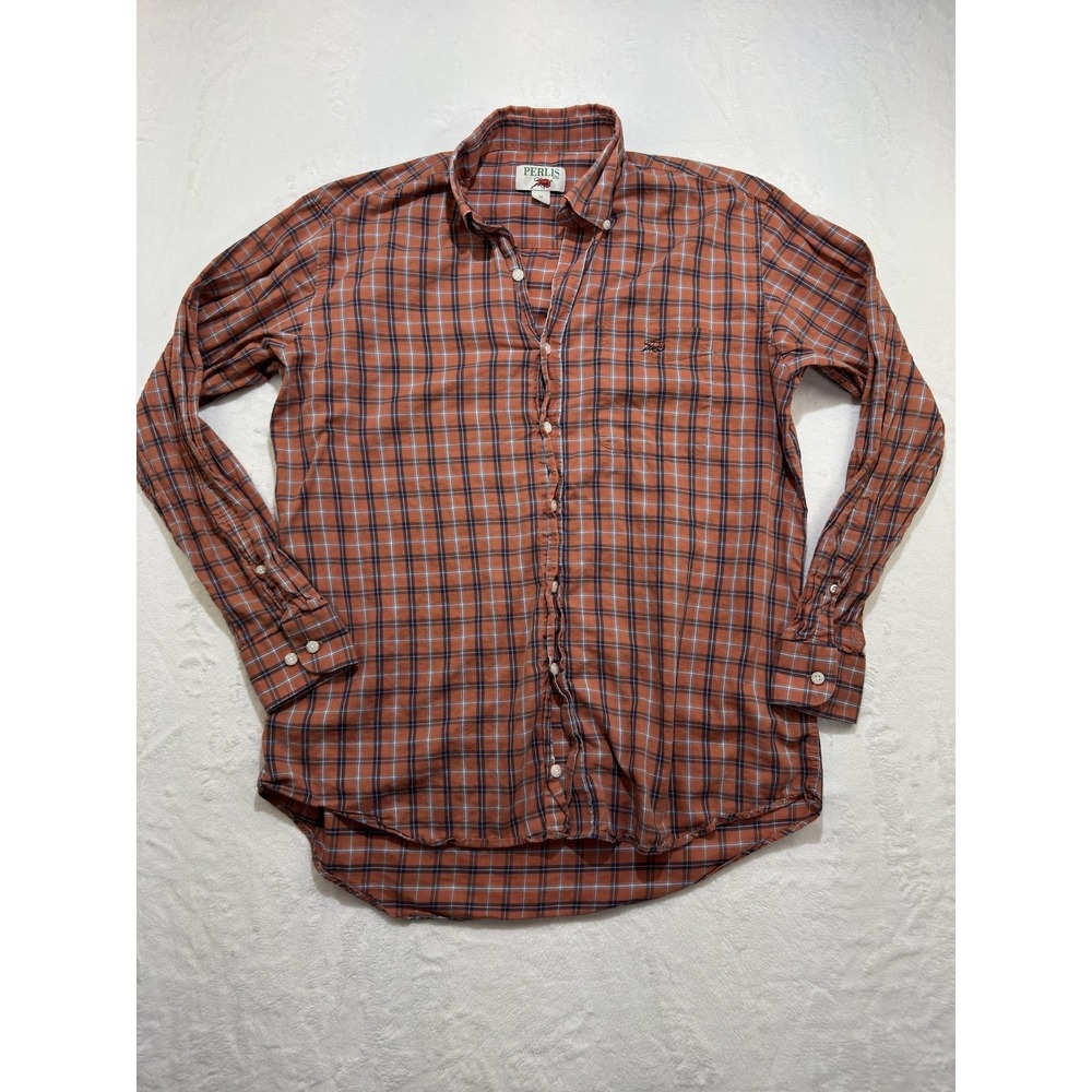Perlis Shirt Mens Medium Orange Plaid Long Sleeve Button Down Casual Embroidered